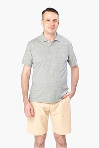 Gray polo shirt mockup psd men’s apparel front view