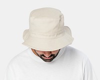 Man wearing bleached bucket hat, front view