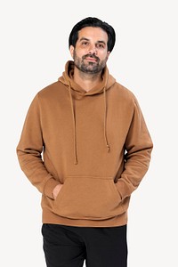 Brown hoodie mockup psd on Indian man close-up