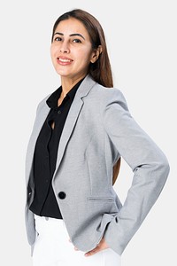 Indian woman wearing a gray blazer