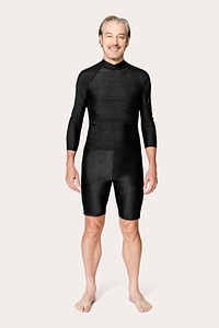 Rash guard swimsuit mockup psd in black men&rsquo;s summer apparel full body
