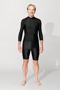 Rash guard swimsuit mockup psd in black men&rsquo;s summer apparel full body