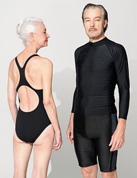 Black summer swimsuits mockup psd for men and women senior apparel