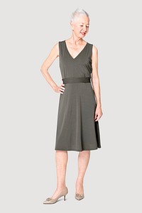 Woman in black midi dress apparel with design space