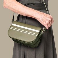 Green crossbody bag mockup psd with stripes women&rsquo;s apparel