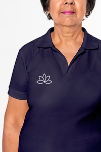 Navy polo shirt psd mockup with embroidered logo women&rsquo;s apparel close up