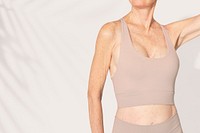 Women&rsquo;s beige sports bra senior activewear with design space close up
