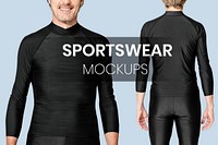 Editable men’s sportswear mockup psd rash guard and swim shorts summer apparel ad