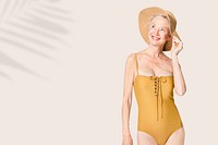 Yellow one-piece swimsuit mockup psd senior women&rsquo;s summer apparel