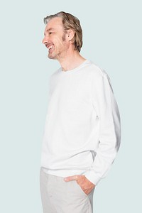 Man's white sweater psd mockup casual apparel close up