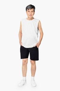 White tank top mature men&rsquo;s summer apparel with design space full body