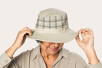 Beige bucket hat mockup psd with plaid 