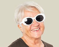 Fashionable senior woman, wearing sunglasses face portrait psd