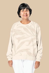 Woman's printed beige sweater psd mockup casual apparel close up