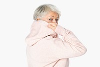 Mature woman posing in pink hoodie loungewear apparel rear view