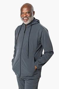Senior man in dark gray tracksuit sportswear fashion portrait