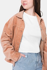 Brown denim jacket mockup psd with white t-shirt street fashion shoot