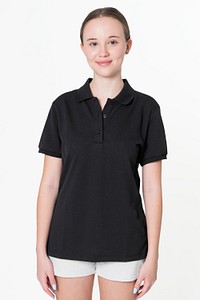 Black polo t-shirt mockup psd for girl youth fashion studio shoot