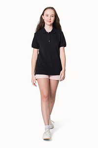 Black polo t-shirt mockup psd for girl youth fashion studio shoot