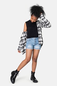 Black tank top psd mockup with flannel jacket and denim shorts grunge fashion