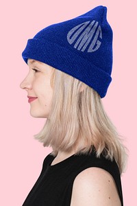 Blue beanie mockup psd with OMG graphic street teen&rsquo;s fashion shoot