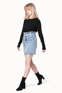 Girls&rsquo; black sweater psd mockup with denim skirt for teen&rsquo;s apparel photoshoot