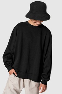 Black sweater mockup psd with black bucket hat teen&rsquo;s apparel shoot