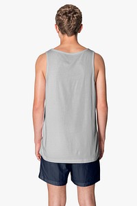 Teen&rsquo;s tank top mockup psd gray and dark blue shorts summer apparel shoot
