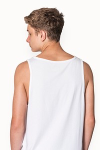 Men&rsquo;s white tank top for teen&rsquo;s summer apparel shoot with design space