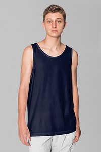 Teen&rsquo;s tank top mockup psd dark blue  and white shorts summer apparel shoot