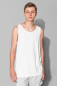 Men&rsquo;s white tank top and gray shorts for teen&rsquo;s summer apparel shoot with design space