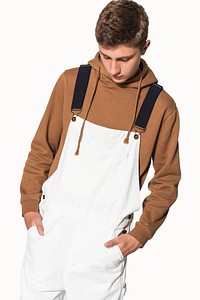 White dungarees mockup psd with brown hoodie streetwear photoshoot