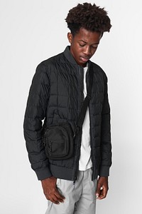 African American boy in black nano puff jacket winter apparel shoot