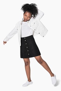 Png girl mockup in white jacket for winter fashion shoot full body