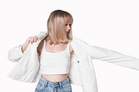 Tank crop top mockup psd in white teen girls’ streetwear shoot