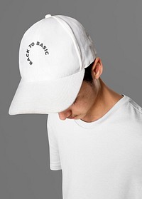White cap mockup psd with back to basic typography streetwear shoot