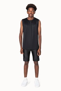 Young man mockup in tank top and gym shorts for activewear fashion shoot