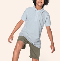 African American teenager in blue polo t-shirt youth apparel shoot