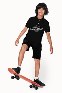 Black polo t-shirt mockup psd for boy youth fashion studio shoot