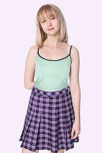 Green tank top psd mockup with purple pleated skirt grunge youth fashion