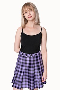 Blonde girl in black tank top and purple pleated skirt grunge fashion