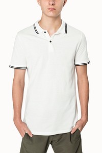 Teenage boy in white polo t-shirt for sporty youth fashion shoot full body