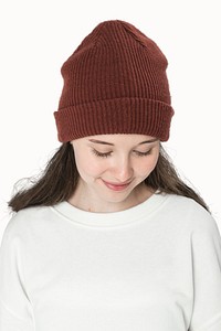 Brown beanie mockup psd with OMG graphic street teen&rsquo;s fashion shoot