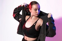 Active stretch jacket psd mockup in black for activewear photoshoot