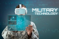 Soldier using transparent tablet screen mockup psd futuristic military technology