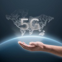 Hand holding 5G hologram psd mockup template