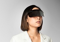 Woman wearing smart glasses psd futuristic technology mockup