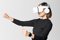Woman with VR glasses mockup psd playing racing game