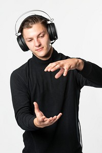 Man with headphones showing invisible thing