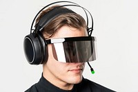 Man with smart glasses and headphones futuristic technology